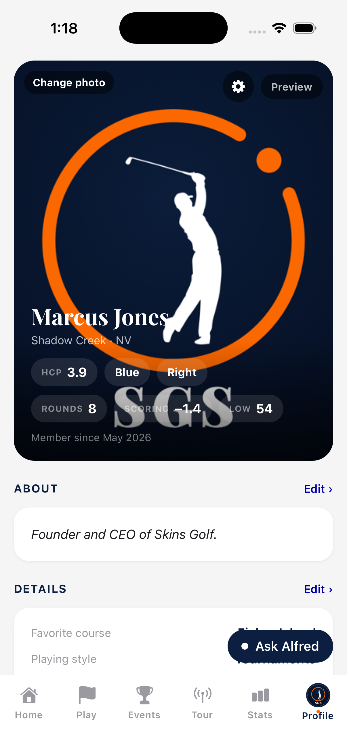 Skins Golf player profile card: HCP 3.9, rounds, scoring average, and low round