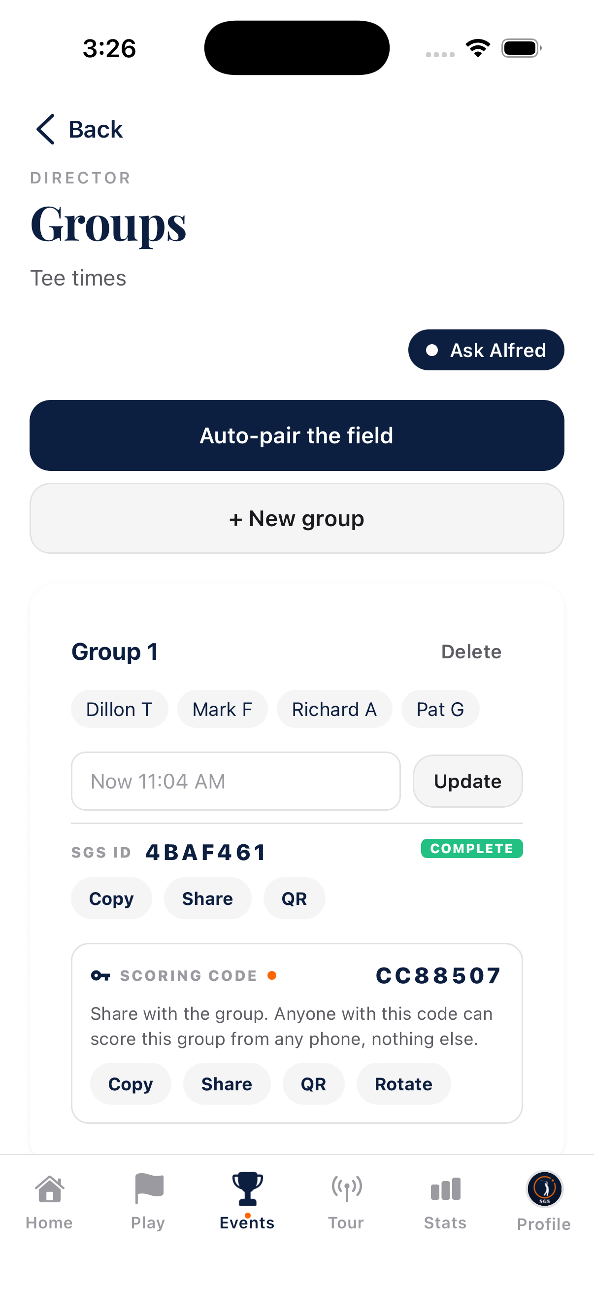 Groups and tee times, each with a per-group scoring code and QR