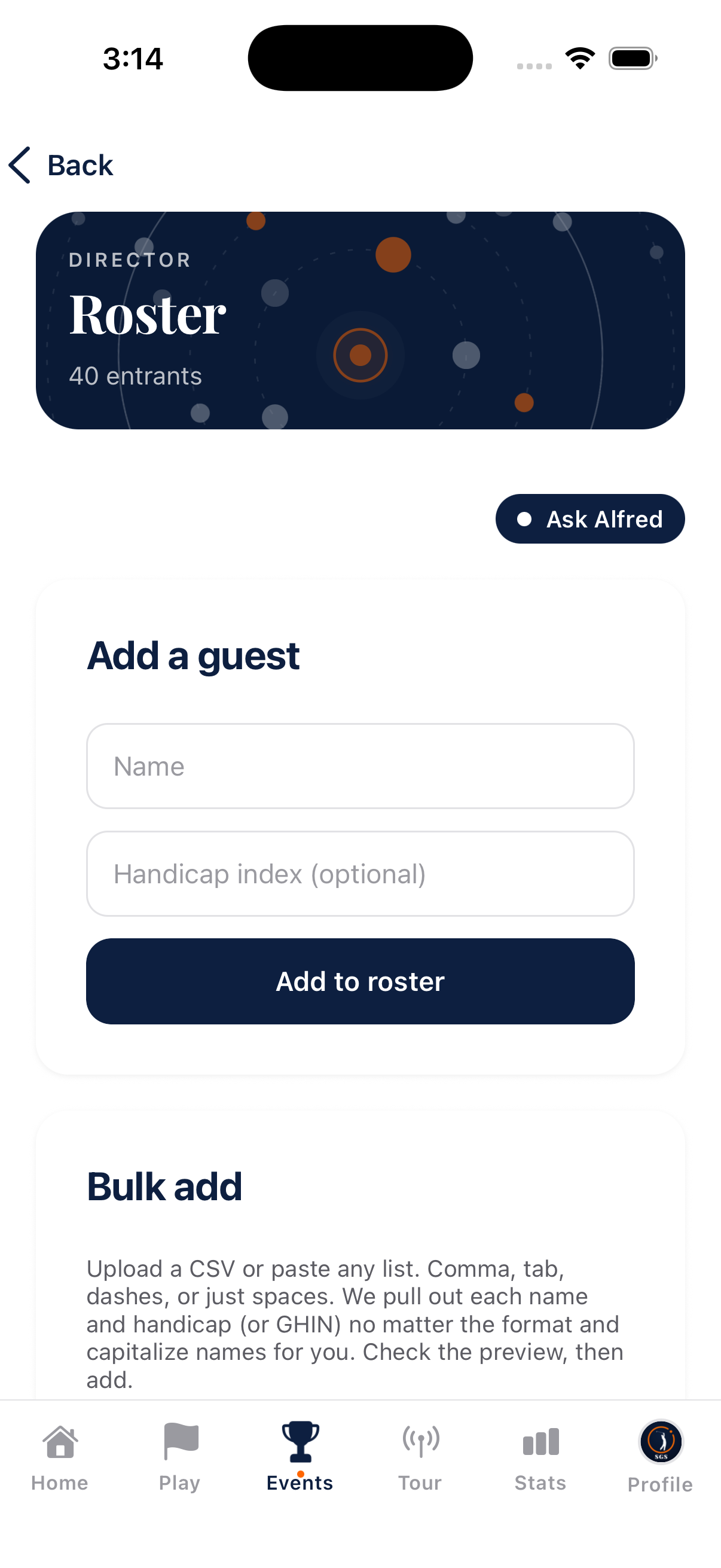 Roster: add a guest or bulk-import any list, names and handicaps parsed