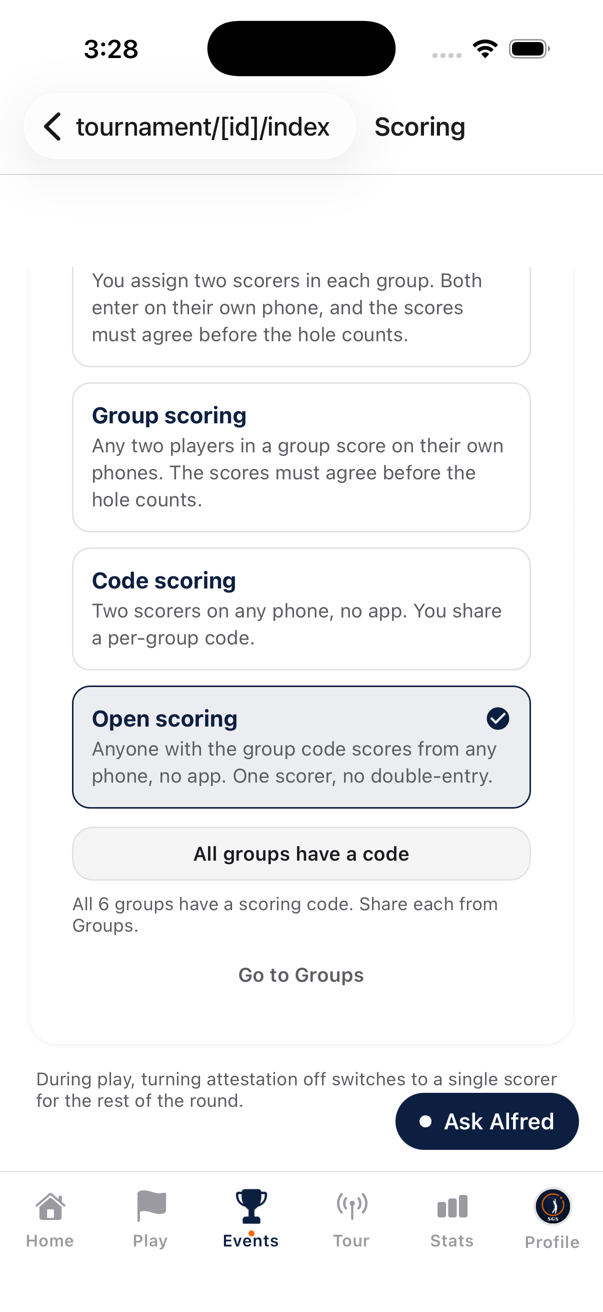 Scoring modes: staff, selected, group, code, or open scoring